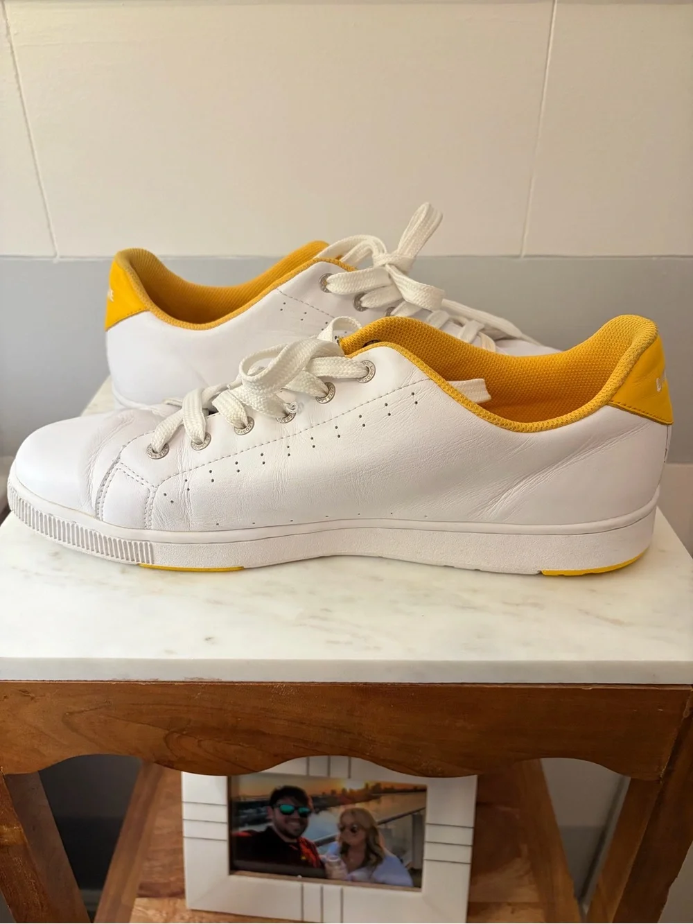 Lacoste Sport Slider Men’s White Yellow Leather Sneakers Size 14